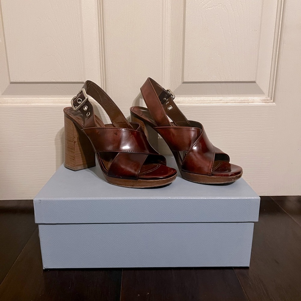 Prada Spazzolato Criss Cross Sandal in Tabacco Size 37